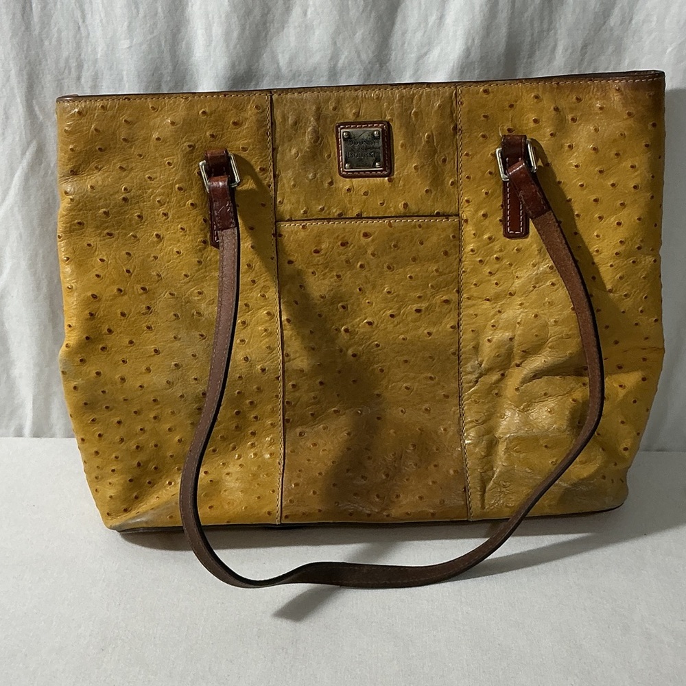 Dooney & Bourke Mustard Yellow Ostrich-Embossed Tote with Brown Straps